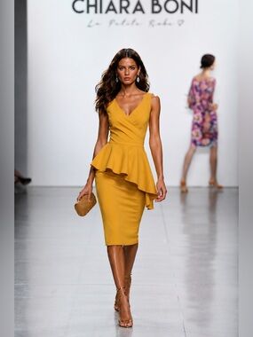 NWT Chiara Boni Mustard Peplum Sheath Dress US Sz 4 IT Sz 40 Elegant Luxe